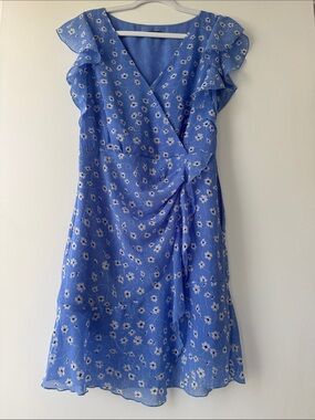 Mango Blue Floral Wrap Midi Dress with Ruffle Sleeves Size M or 6